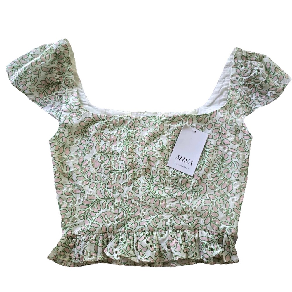 MISA Los Angeles Crop Top Women's XS Green Floral Eyelet Sleeveless Ruffle Hem